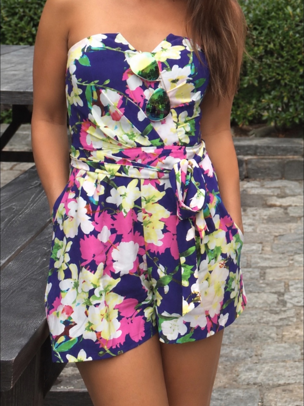 Yumi Kim Silk Strapless Purple Floral Romper with Pink & Yellow Blooms